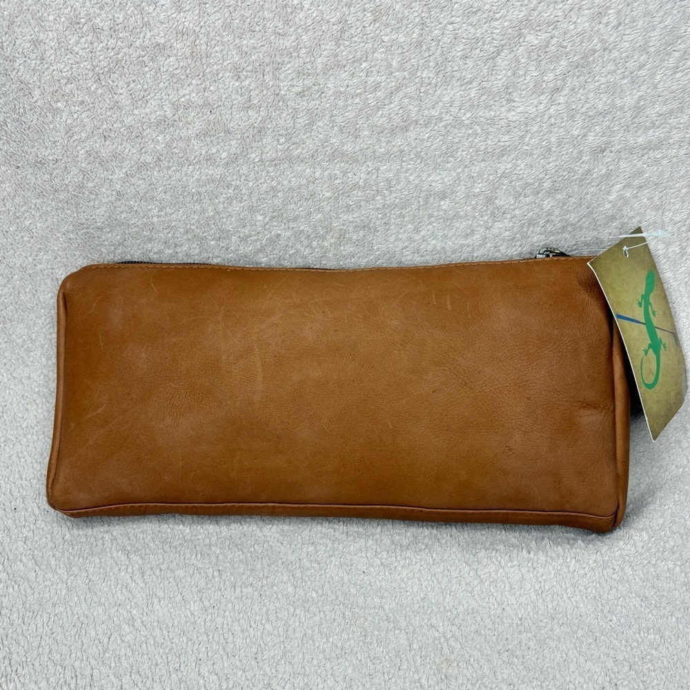 NEW TICA Brown Genuine Leather Zipper Pouch Bag Monogrammed “B” Travel Vacation - Picture 4 of 12